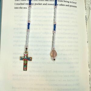 Hand Crafted Beaded Bookmark Tie Dye Style Cross & Heart Charms